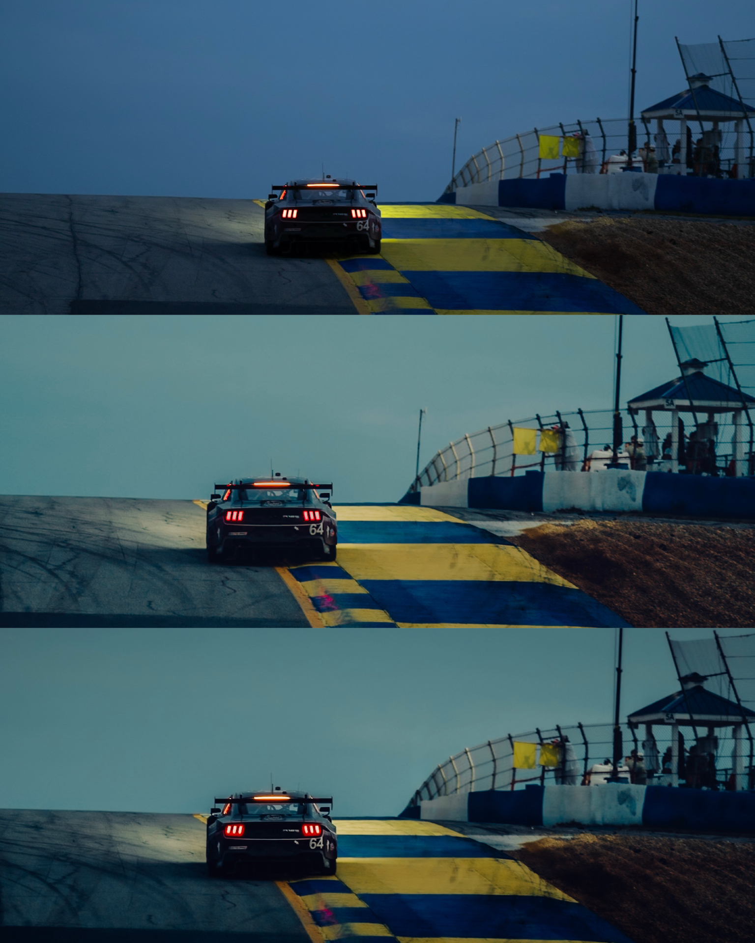 Three stacked frames of a dark Mustang race car number 64 cresting a hill on a track at dusk, each frame graded differently